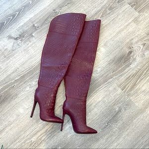 Jennifer Le burgundy thigh boots
